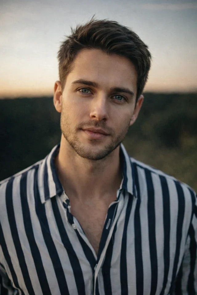 Smiling man wearing white and black pinstriped collared top